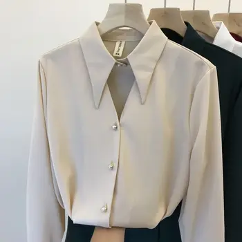 

2020 Spring Korean Style Long Sleeve Lapel Silk Chiffon Shirt Women's Temperament Beaded Blouse Shirts Office Ladies Tops Blusa