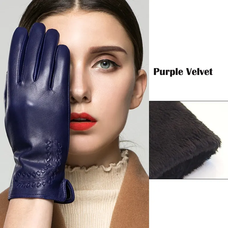 purple velvet Перчатки из натуральной кожи женские зимние теплые бархатные утепленные высококачественные кожаные перчатки для вождения K2303 - Цвет: purple velvet