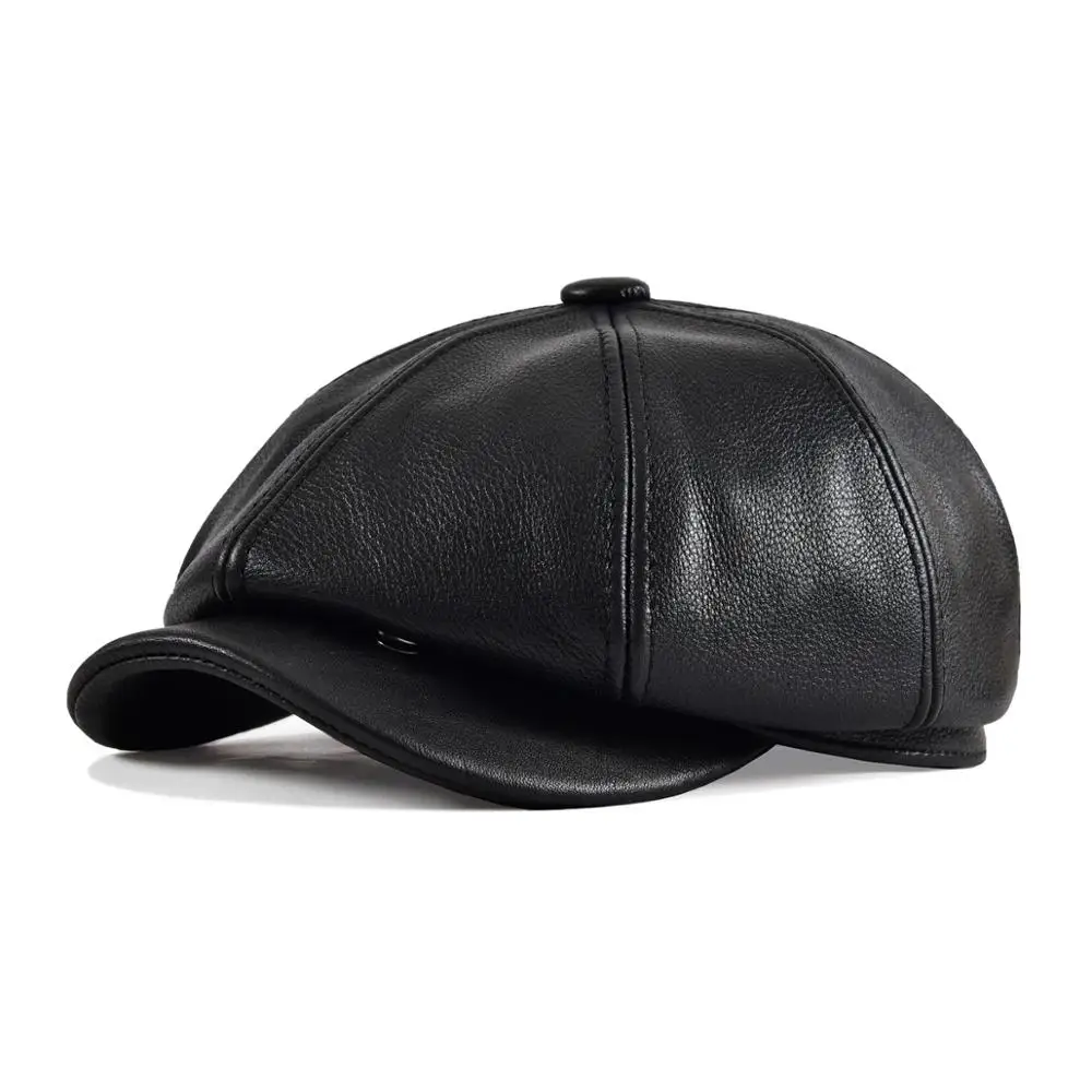 

VOBOOM Genuine Leather Newsboy Cap Men Women Flat Cap Black 8 Panel Design Gatsby Hat Classic Beret Fall Winter Boina 115