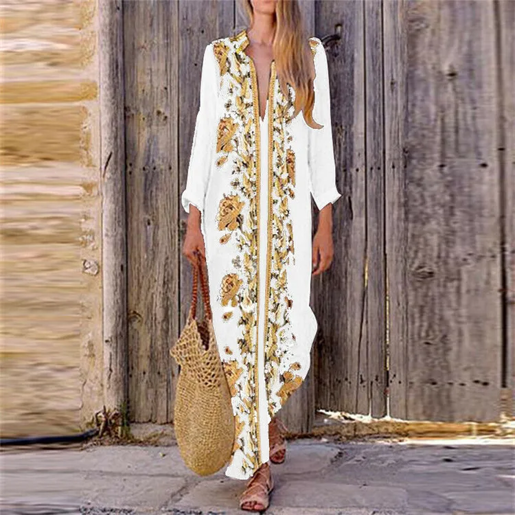 

Spring /Autumn fashion long-sleeved V-neck print Ankle-Length women's Straight beach party casual maxi long dress plus size