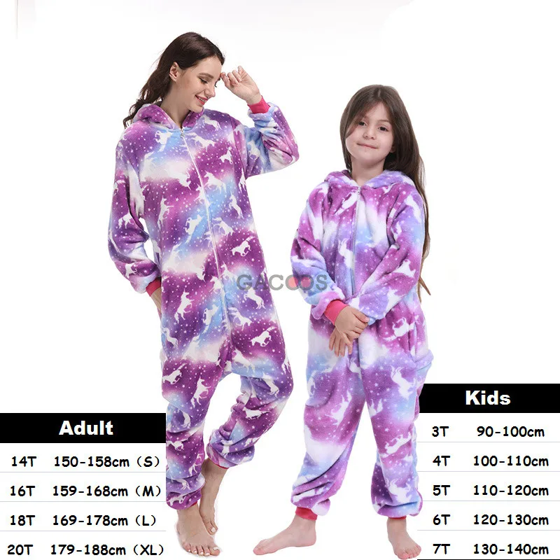 Warm Winter Unicorn Pajamas For Boys Girls Kugurumi Panda Pyjamas Women Onesies Unicornio Flannel Stitch Cat Sleepwear Jumpsuits - Цвет: purple-pegasus