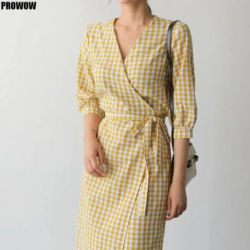 2020 Lace Up Bow Wrap V-Neck Three Quarter Sleeve High Waist Casual One Piece Dresses Summer New Korean Women Plaid Dress