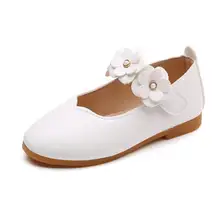 Zapatos de cuero de princesa para niñas, sandalias de vestir para niños, flores, zapatos planos blancos de moda para boda y escuela, verano 2019