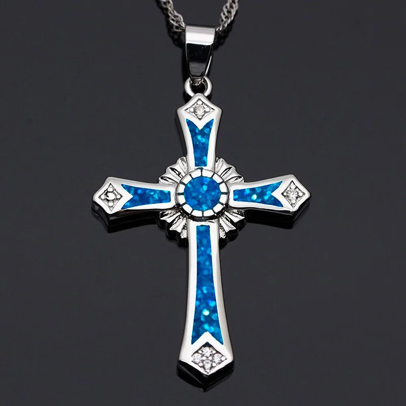1Pcs Fashion Blue Opal Cross Pendant Necklace For Women Crystal Cross Pendant Necklace Jewelry