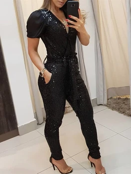 

2020 Autumn Women Elegant Black Slinky Fashion Trousers Female Long Party Club Sequins Belted Slinky Pencil Pant
