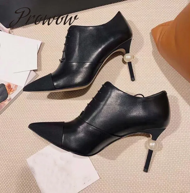 

Prowow New Genuine Leather Sexy Pointed Toe Ankle Boots Lace Up Pearl Beading HIgh Heel Boots Shoes Women