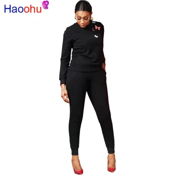 

Butterfly Printed Sexy Two Piece Matching Sets Women Round Neck Long Sleeve Slim T-Shirt and High Waist Pants Black Autumn Set