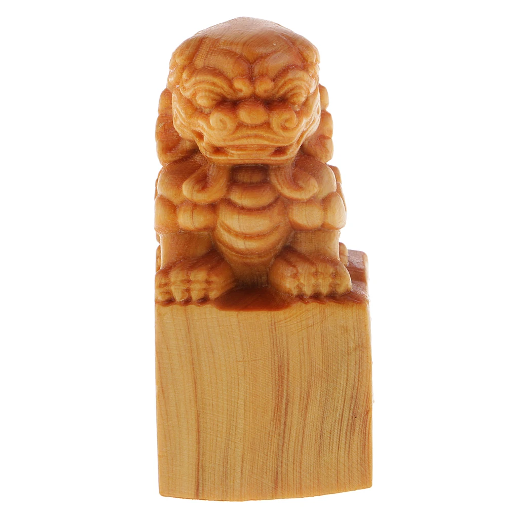 Wooden Lion Seal Statue Feng Shui Decoration For Chinese Culture Lover Fans