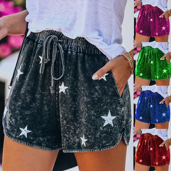 

European Style Stars Print Women Shorts Fashion Drawstring Denim Shorts Washed Sexy High Waist Shorts Summer Jean Shorts