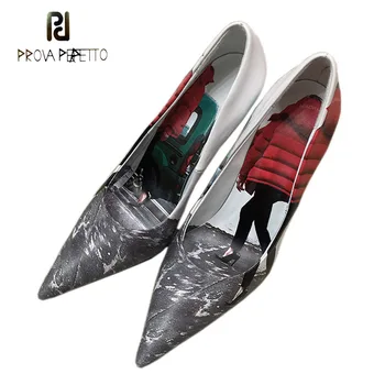 

Prova Perfetto New Fashion Pointed Toe Stiletto Heel Party Shoes Feather Dress Print Genuine Leather Shallow Women Pumps