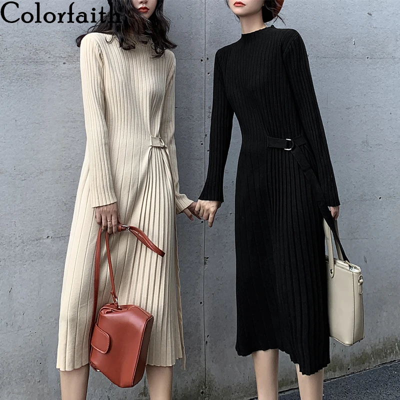 Colorfaith New 2020 Spring Winter Women Dress Loose Knitting High Waist Bottoming Elasticity Lace Up Pleated Long Dress DR4818 Colorfaith New 2020 Spring Winter Women Dress Loose Knitting High Waist Bottoming Elasticity Lace Up Pleated Long Dress DR4818