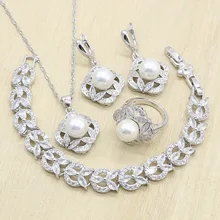 Белый жемчуг 925 Серебряные Ювелирные наборы для женщин свадебный модный браслет ожерелье кулон серьги кольцо подарок для свадьбы дня рождения