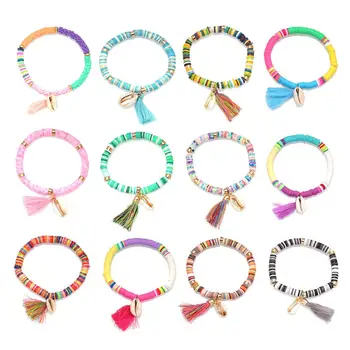 

Boho Multicolored Polymer Clay Heishi Beads Cowrie Seashell Pendant Stretch Bracelet Women 2020 New Fashion Bay Summer Jewelry