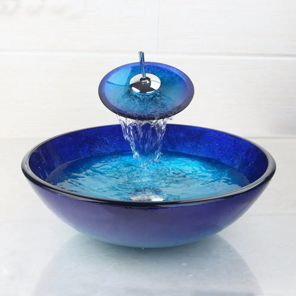 ZAPPO Bule Tempered Glass Bathroom Vessel Sink Bowl Sink for Bathroom with Faucet Tap Combo Deck Mounted Basin Sinks 4