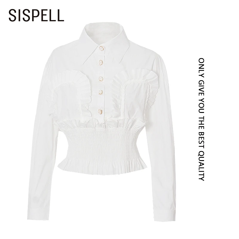 

SISPELL Puff Sleeve For Female Blouse Shirt Lapel Collar Patchwork High Waist Slimming Cropped Women's Shirt 2020 New Fashion