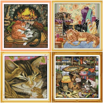 

HUACAN Cross Stitch Cat 11CT 14CT Chinese Embroidery Animal Thread Sets White Canvas Needlework Handicrafts Decoration