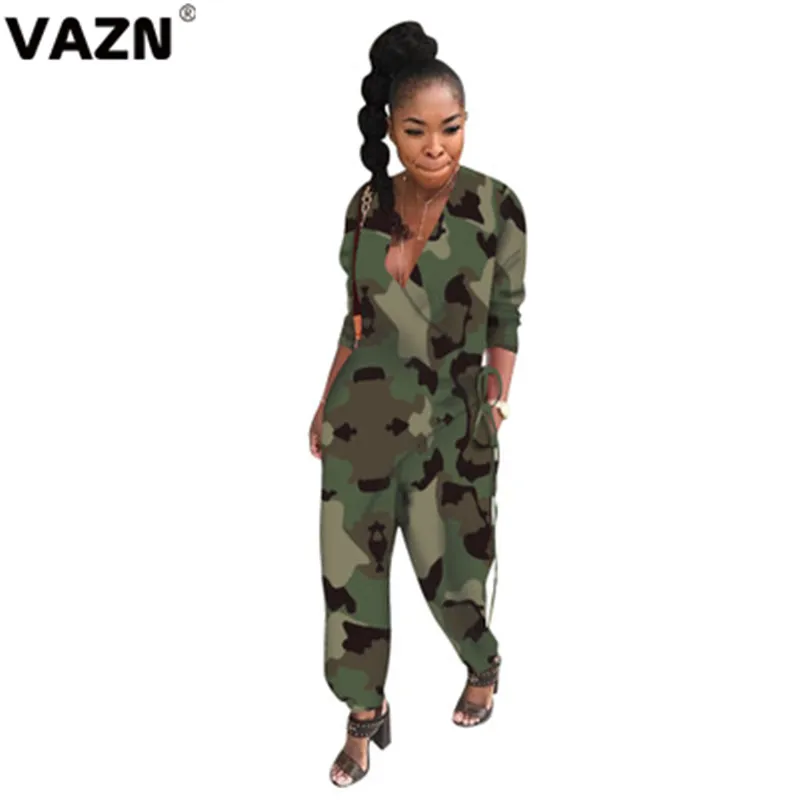 VAZN OYP6068 New Fashion Print Camouflage Casual Women Jumpsuits Sexy V-Neck Full Sleeve Long Pants Soft Bodycon Jumpsuits