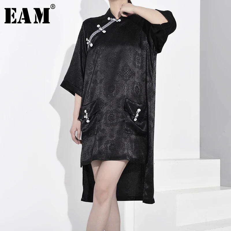 

[EAM] Women Black Pattern Printed Asymmetrical Dress New Stand Collar Long Sleeve Loose Fit Fashion Spring Autumn 2019 JX4100