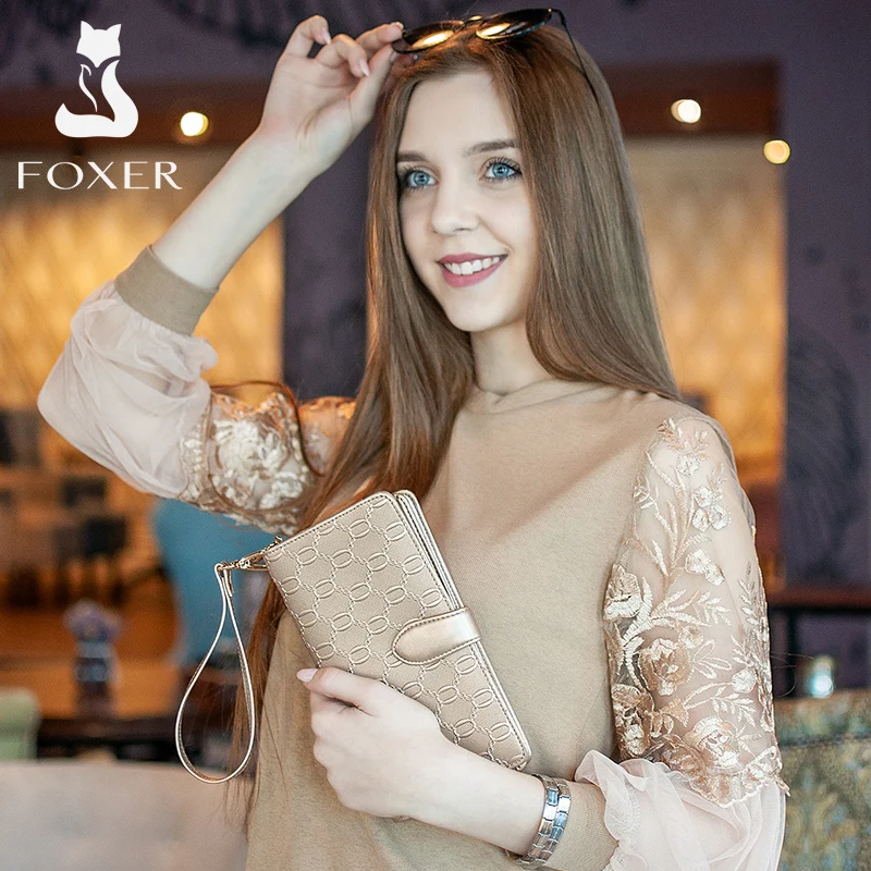 FOXER Brand Women's Long Cow Leather Wallets Ladies Clutch Bags Famous designer Purses Women Purse Fashion Female Cowhide Wallet