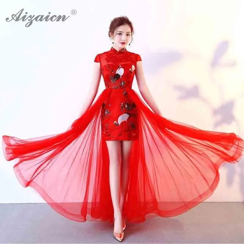 

Bride Red Perspective Mesh Satin Qipao Chinese Traditional Wedding Dress Cheongsam Fashion Embroidery Party Evening Dresses