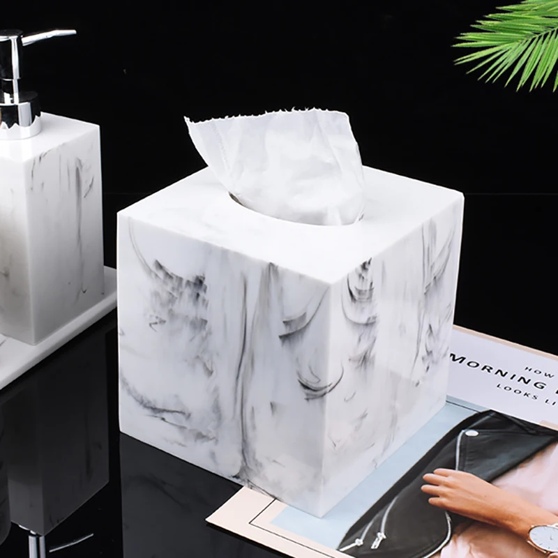 Square Tissue Box Cover, Facial Napkin Holder for Bathroom Living Room Office, Marble-Imitation Made of Resin(White