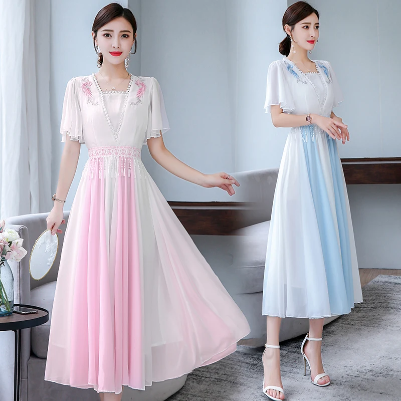 

PInk Blue White Chiffon Dress Women Fairy Elegant Chinese Improved Hanfu Clothes Teenager Tang Dynasty Dance Costume Sexy V Neck