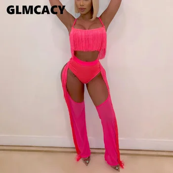 

Women Sexy Backless Outfits Tassels Crop Top and Exotic Pants Summer Night Out Party Clubwear