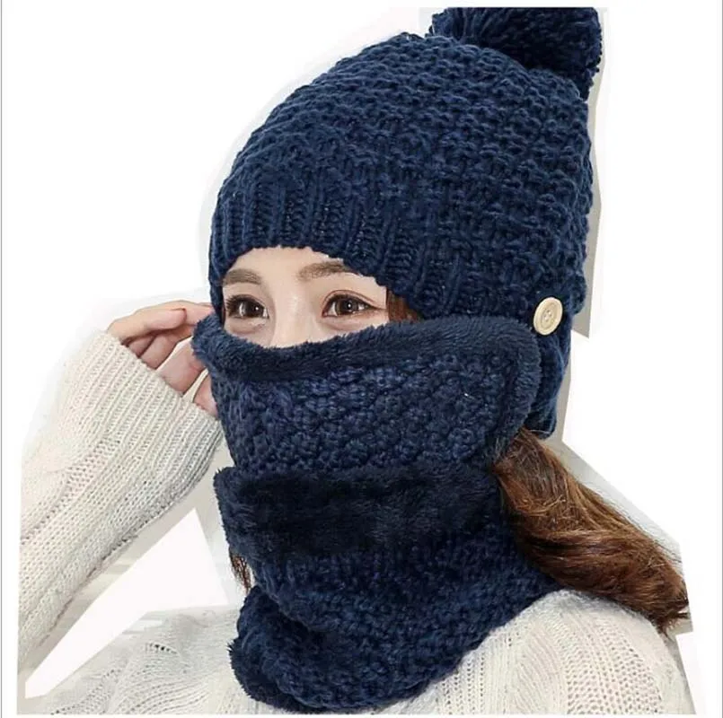 NavyBlue 3pcs Женская шапка шарф Комплект масок утолщенная теплая женская уличная ветрозащитный для езды ушной лоскут вязаная шапка плюшевая шапочка с помпоном осень зима - Цвет: NavyBlue 3pcs