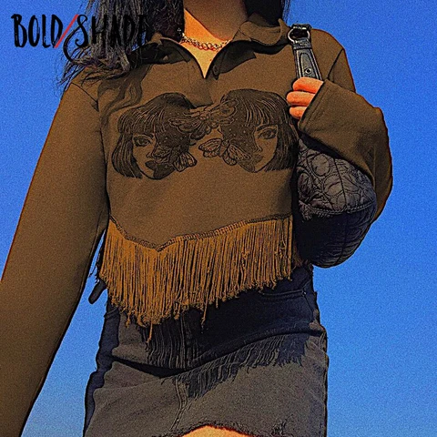 Shade 90s Indie Aesthetic Sweatshirts Graphic Print Tassel Button Up Cropped Tops y2k Grunge Fashion for Women Sweatshirt