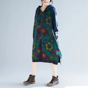 

Fashion 2020 new print makes old ladies' ply-size dresses with thickened hooded mid-length hoodies