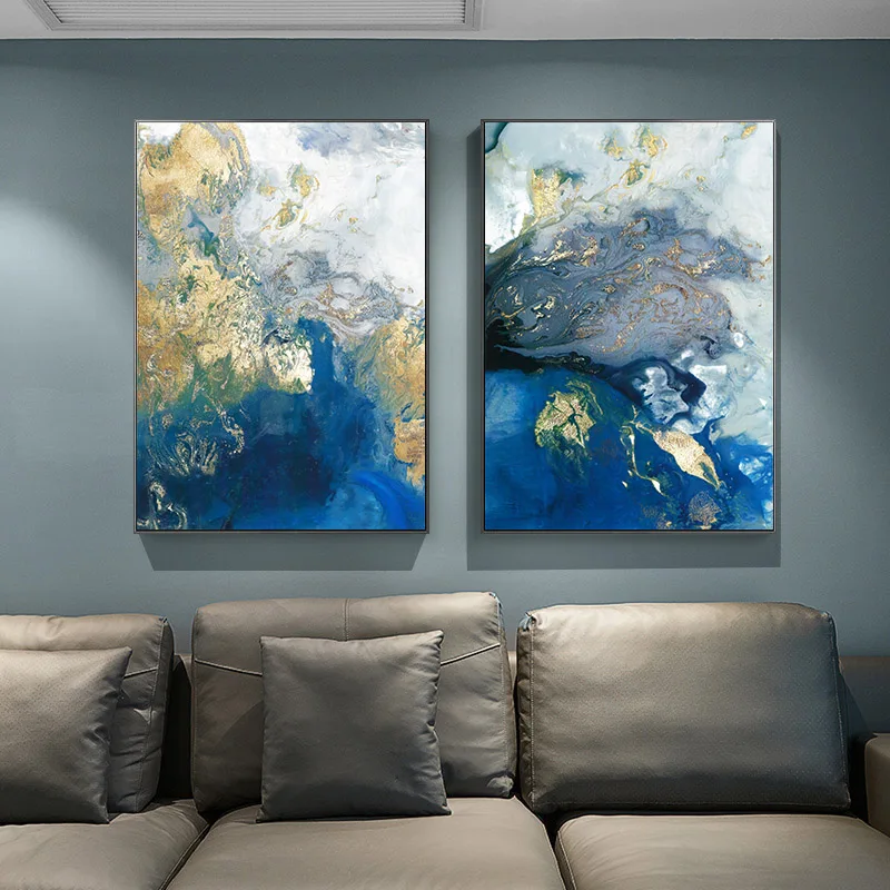 Синий Золотой Современный абстрактный океан настенный плакат скандинавский холст печать живопись современное искусство украшение картина декор гостиной