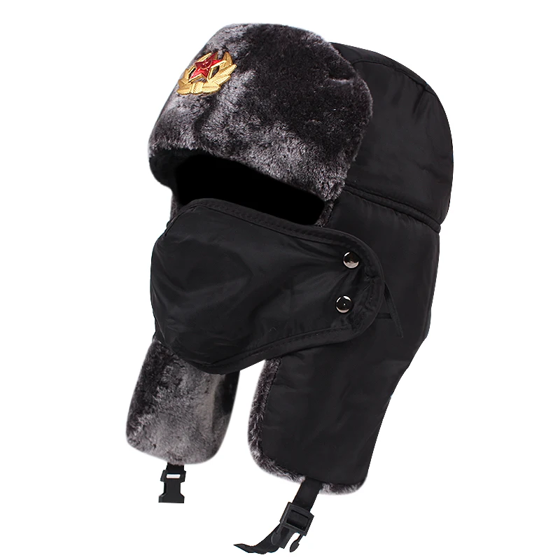 men's bomber hats Men's Winter Imitation Leather Fur Hat With Pompom Ear Protection Pilot Hat Russian Lei Feng Hat bomber trapper hat