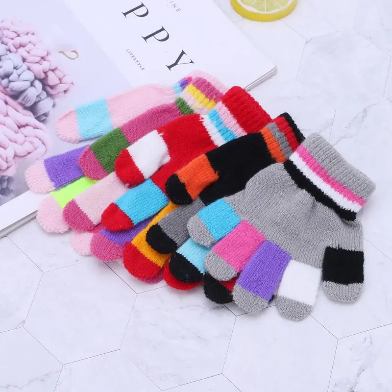 1 Pair Kids Gloves Full Finger Warm Winter Children Colorful Stripe Knitted Boys Girls Solid Glove Multi Color Elastic