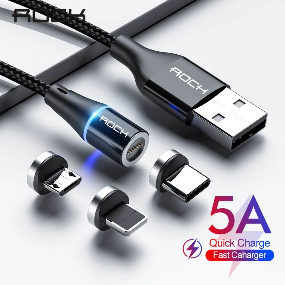 Магнитный кабель ROCK, 1 м, 2 м, 5А, Micro Usb type C, супер быстрая зарядка, магнитное зарядное устройство, Usb c кабель для iPhone X, huawei, Xiaomi