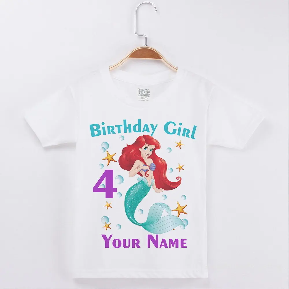 Happy Birthday tee Baby Girl Mermaid Print Girls Shirts Number 3-12 Name Birthday Present Party Tees Kids Clothes children t shirt