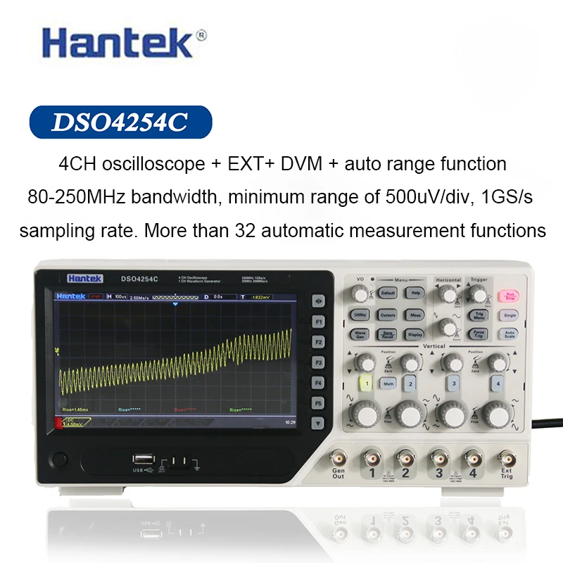 Hantek Digital Oscilloscope DSO4254C 4ช่อง250Mhz แบนด์วิดท์ LCD PC แบบ