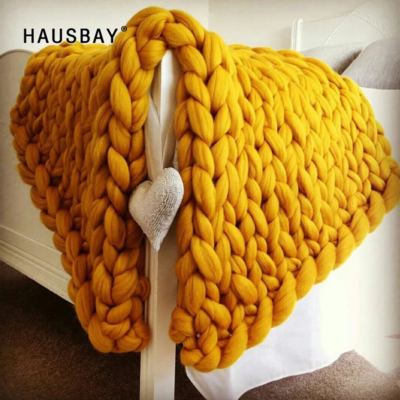 Вязаное одеяло из натуральной шерсти, ручная работа, толстая пряжа, шерсть мериноса, большое мягкое объемное вязаное одеяло для дивана, зимнее одеяло s BK019 - Цвет: Yellow