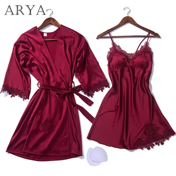 

Sexy Women's Robe 2019 Autumn Full Pyjamas Set Satin Silk 2 Pieces Lace Fashion Female Night Dress Plus Size V-Neck Sleepwear