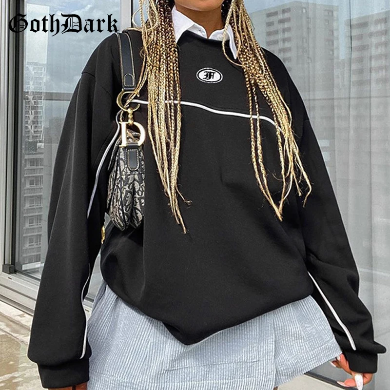 

Goth Dark Hip Hop Black Oversize Sweatshirts Gothic Patchwork Long Sleeve O-neck Pullovers Graphic Print Women Autumn Streetwear