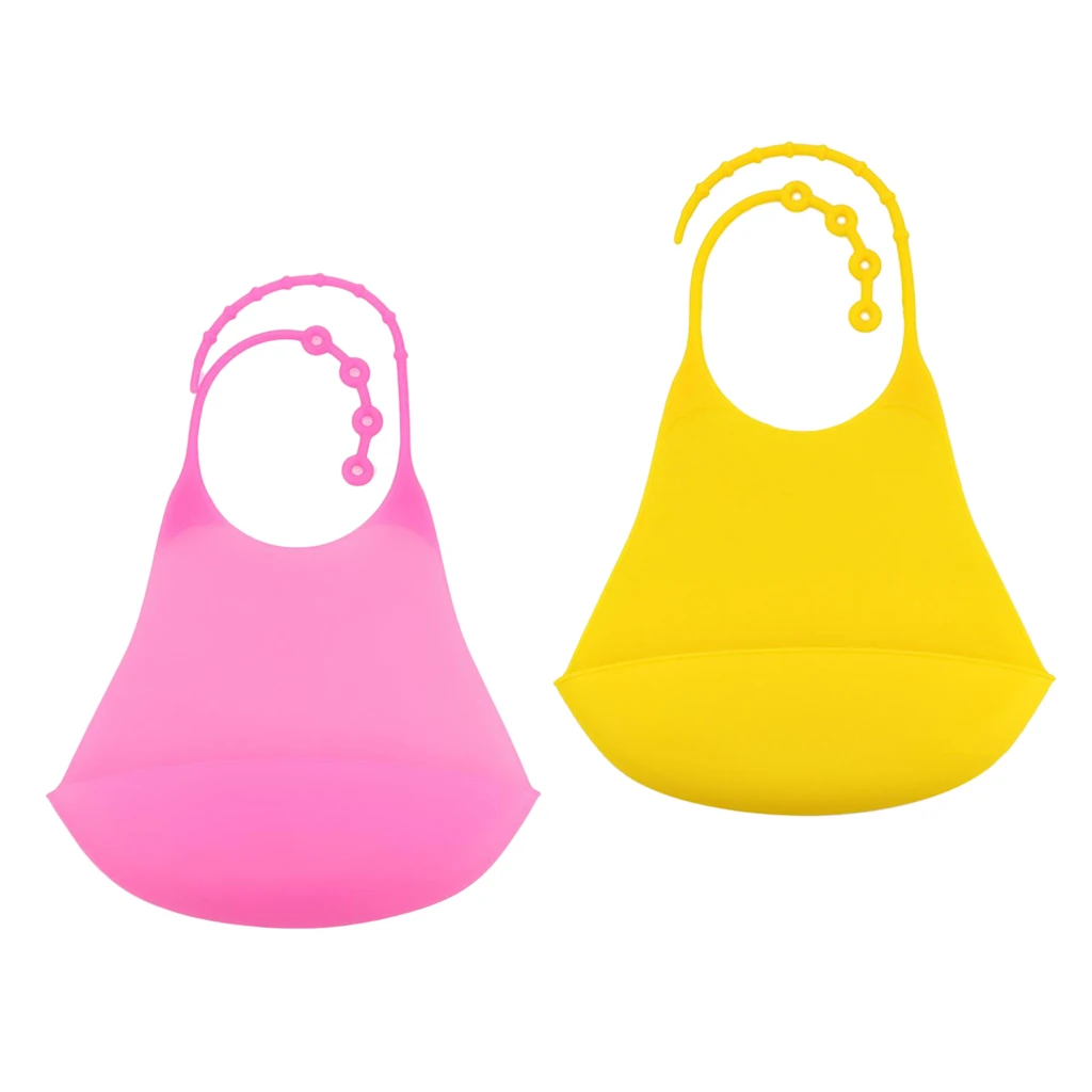 Adult Silicone Bib Clothing Protector Waterproof +Crumb Catcher Pink +Yellow