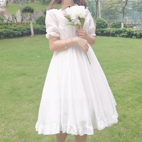 

Japanese Summer Lolita Style White Dress Peter Pan Collar High Waist Princess Fairy Dress Elegant Cute Kawaii Girl Ruffles Dress