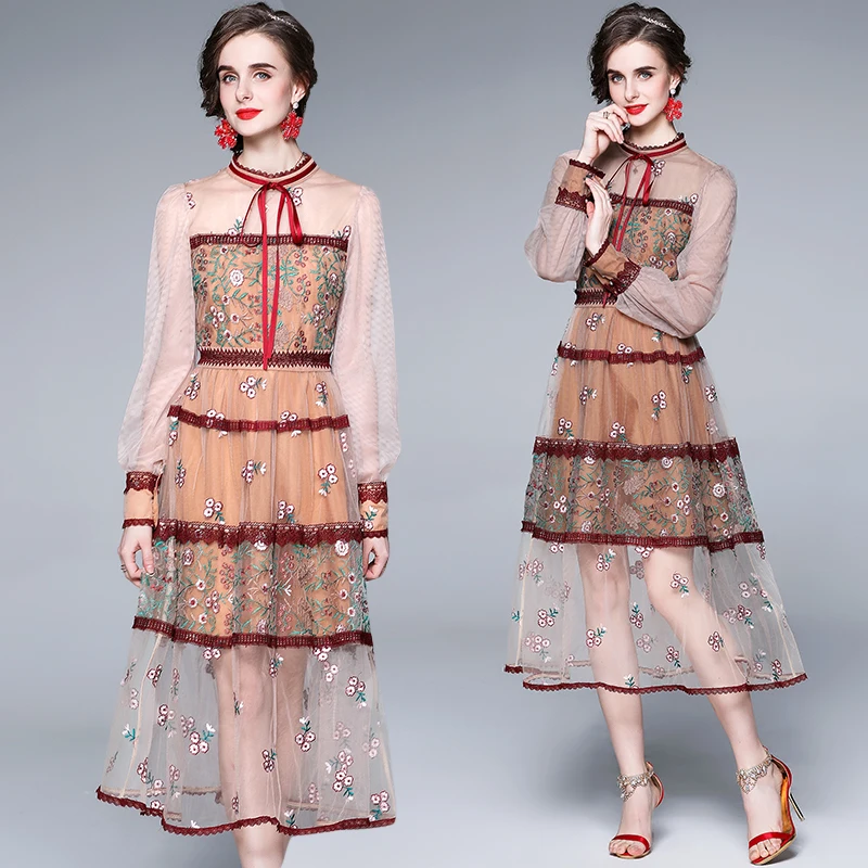 New Fashion Women Spring Lantern Sleeve Mesh Patchwork Embroidery Midi Dress Evening Party Dresses Jurk