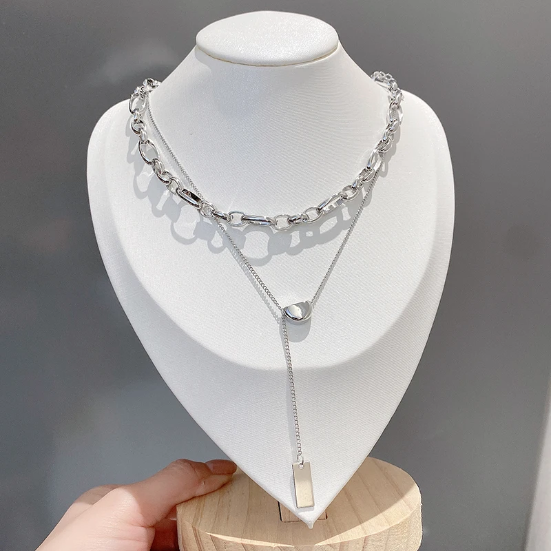 2021 Double Layer Minimalist Necklace For Women Hip Hop Gothic Metal Rectangle Semicircle Pendant Clavicle Chain Choker Gifts