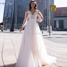 Одежда с длинным рукавом ТРАПЕЦИЕВИДНОЕ свадебное платье с кружевной аппликацией с v-образным вырезом, свадебные платья, платья невесты с открытой спиной развертки Поезд Vestido de noiva