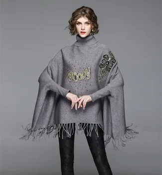 

Women Turtleneck Cloak Knitted Sweater Autumn Winter Gray Beading Tassel Batwing Sleeve Casual Shawl Cape Loose Pullover Coat