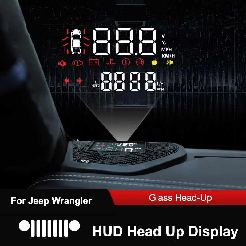 QHCP Car Head Up Display HD Projector Screen HUD Overspeed Alert Alarm  Hidden OBD Plug Multifunction For Jeep Wrangler JL 18-22