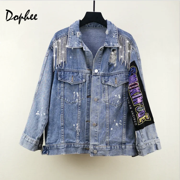 

2019 New Tassel Diamonds Letter Denim Jacket Women Spring Autumn Streetwear Loose Hole Long Sleeve Jean Coat