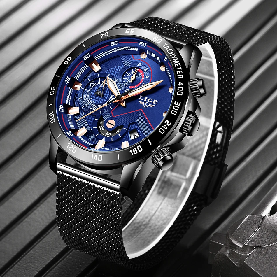 LIGE синий полный стальной сетчатый ремень деловые часы мужские часы лучший бренд класса люкс Модные Кварцевые Золотые часы Relogio Masculino