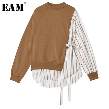 

[EAM] Loose Fit Striped Bandage Stitch Sweatshirt New Round Neck Long Sleeve Women Big Size Fashion Tide Spring 2020 1R819
