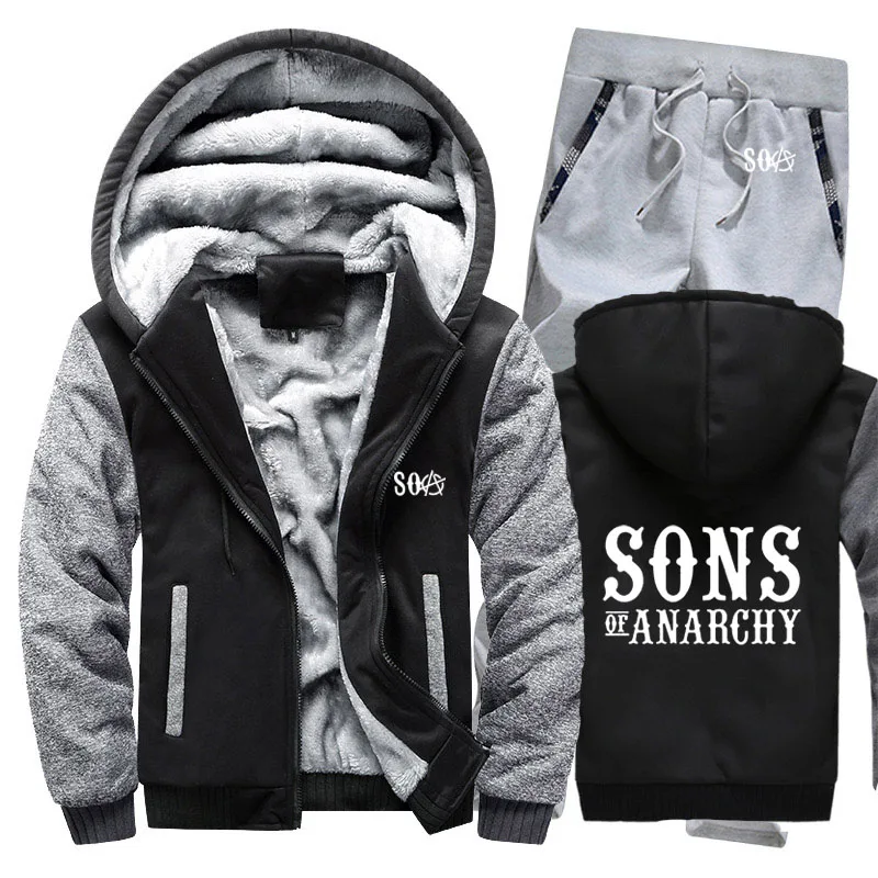 SOA Sons of толстовки анархия мужской костюм Зимние флисовые утепленные пальто на молнии свитшоты, мужские худи куртка + брюки комплекты из 2